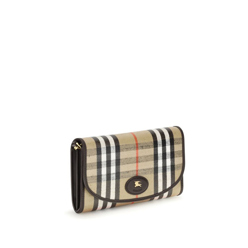 Beige Cotton Clutch BagThe Highlands Wallet by Burberry is a stylish and practical accessory, crafted in a refined cotton-linen blend with the iconic jacquard Check pattern and coated finish. Calfskin leather trim adds a fine touch, while the chain and le
