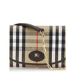 Beige Cotton Clutch BagThe Highlands Wallet by Burberry is a stylish and practical accessory, crafted in a refined cotton-linen blend with the iconic jacquard Check pattern and coated finish. Calfskin leather trim adds a fine touch, while the chain and le