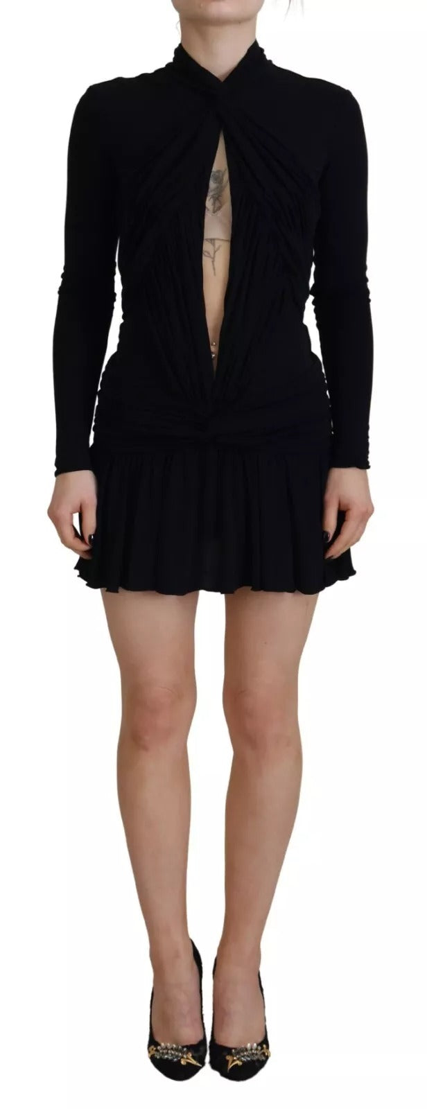 Robe courte noire en viscose à manches longues et découpes