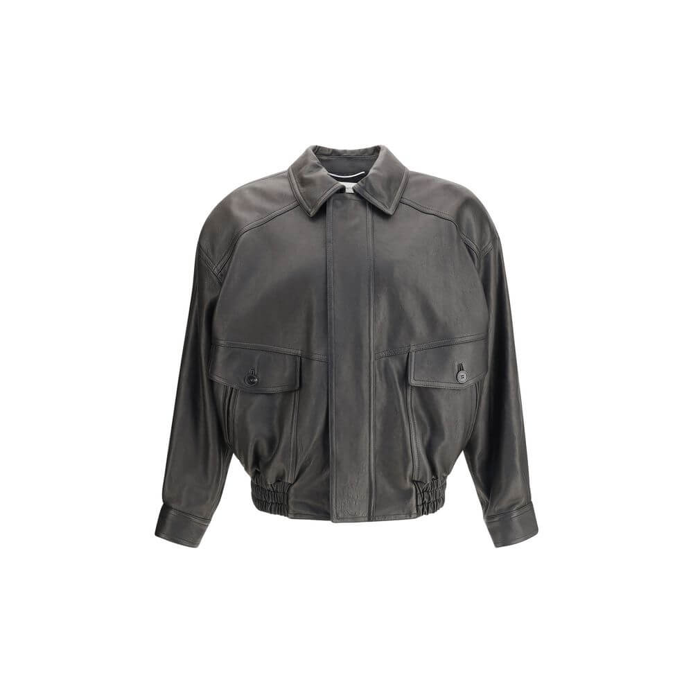 Black Lamb Ovis Aries Aries ClothingSaint Laurent’s balloon leather Jacket combines a modern design with haute couture details. Featuring a concealed zipper closure and windproof flap, it has a pointed collar, dropped shoulders and gathered waist that def