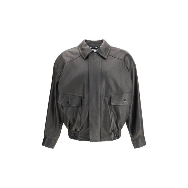 Black Lamb Ovis Aries Aries ClothingSaint Laurent’s balloon leather Jacket combines a modern design with haute couture details. Featuring a concealed zipper closure and windproof flap, it has a pointed collar, dropped shoulders and gathered waist that def
