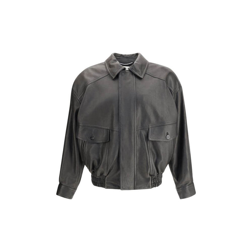 Black Lamb Ovis Aries Aries ClothingSaint Laurent’s balloon leather Jacket combines a modern design with haute couture details. Featuring a concealed zipper closure and windproof flap, it has a pointed collar, dropped shoulders and gathered waist that def