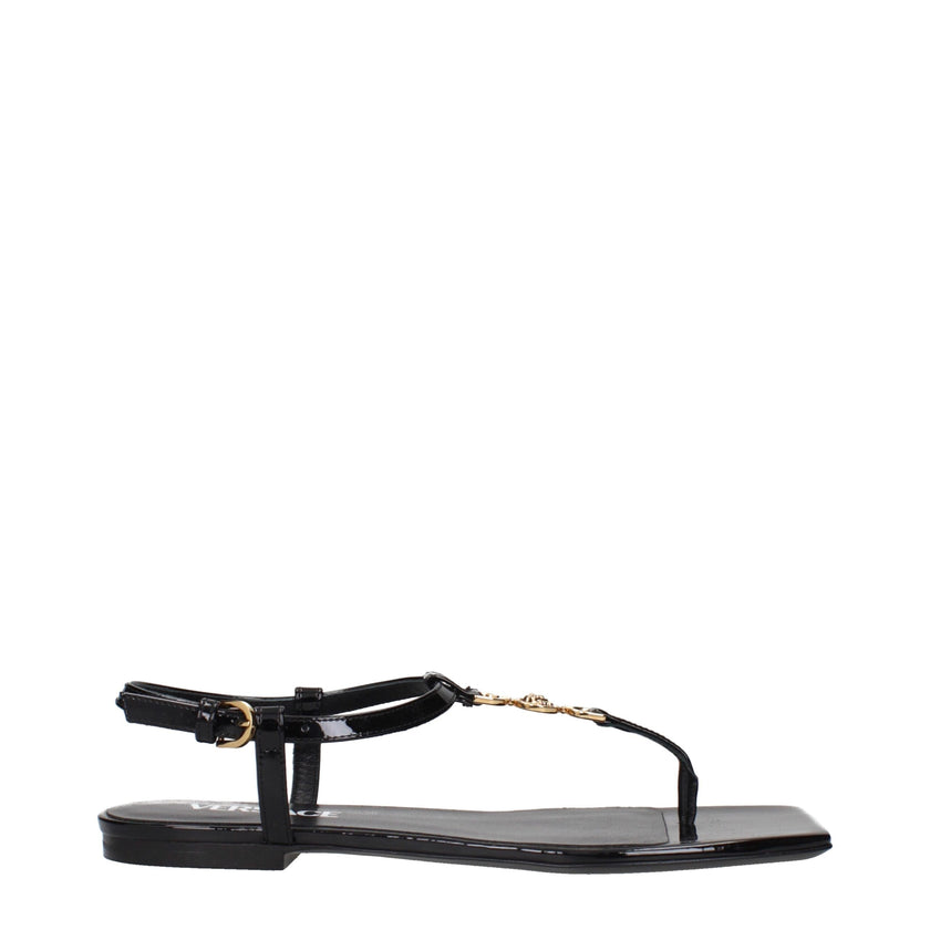 Black Leather Flip-Flop SandalsDescription: The product with MPN 1013453D2VE1B00V and code F84199 patent leather in black is a flip flops designed by Versace. Additional Info: Color details: Gold Style: Casual Closing type: Buckle Closure Materials: Paten