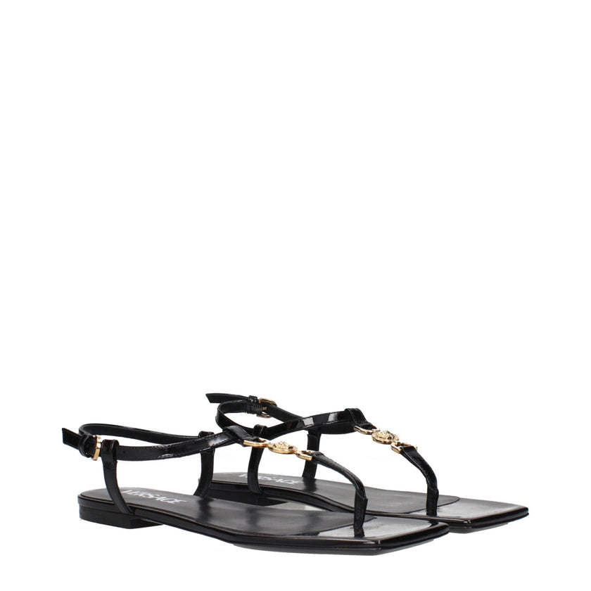 Black Leather Flip-Flop SandalsDescription: The product with MPN 1013453D2VE1B00V and code F84199 patent leather in black is a flip flops designed by Versace. Additional Info: Color details: Gold Style: Casual Closing type: Buckle Closure Materials: Paten