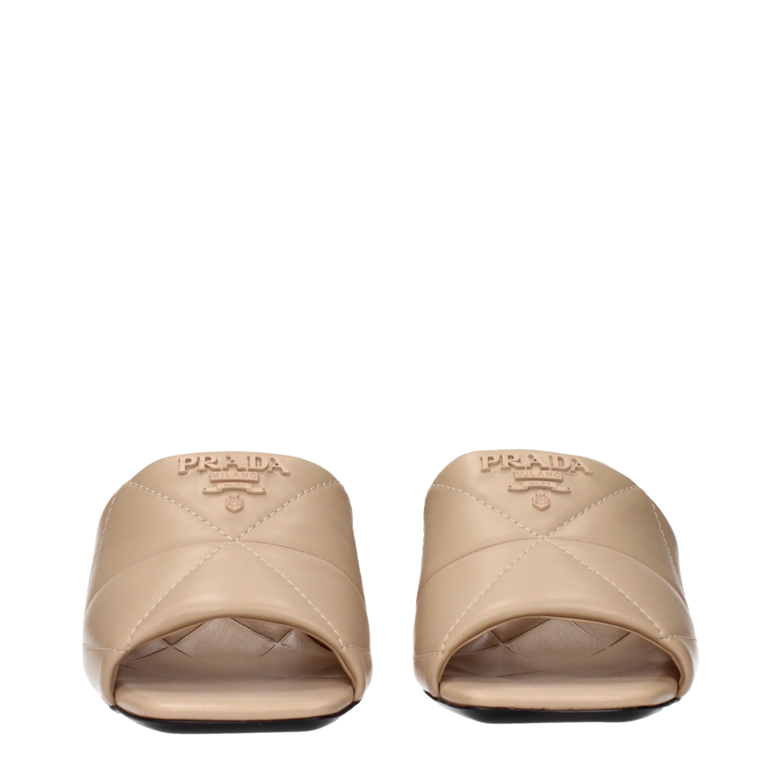 Beige Leather SlippersDescription: The product with MPN 1XX58303865F0036 and code F84273 leather in beige is a slippers and clogs designed by Prada. It has features like front logo.Beige Leather Slippers${tagsPradaAulae Beige Leather Slippers PradaAulae B