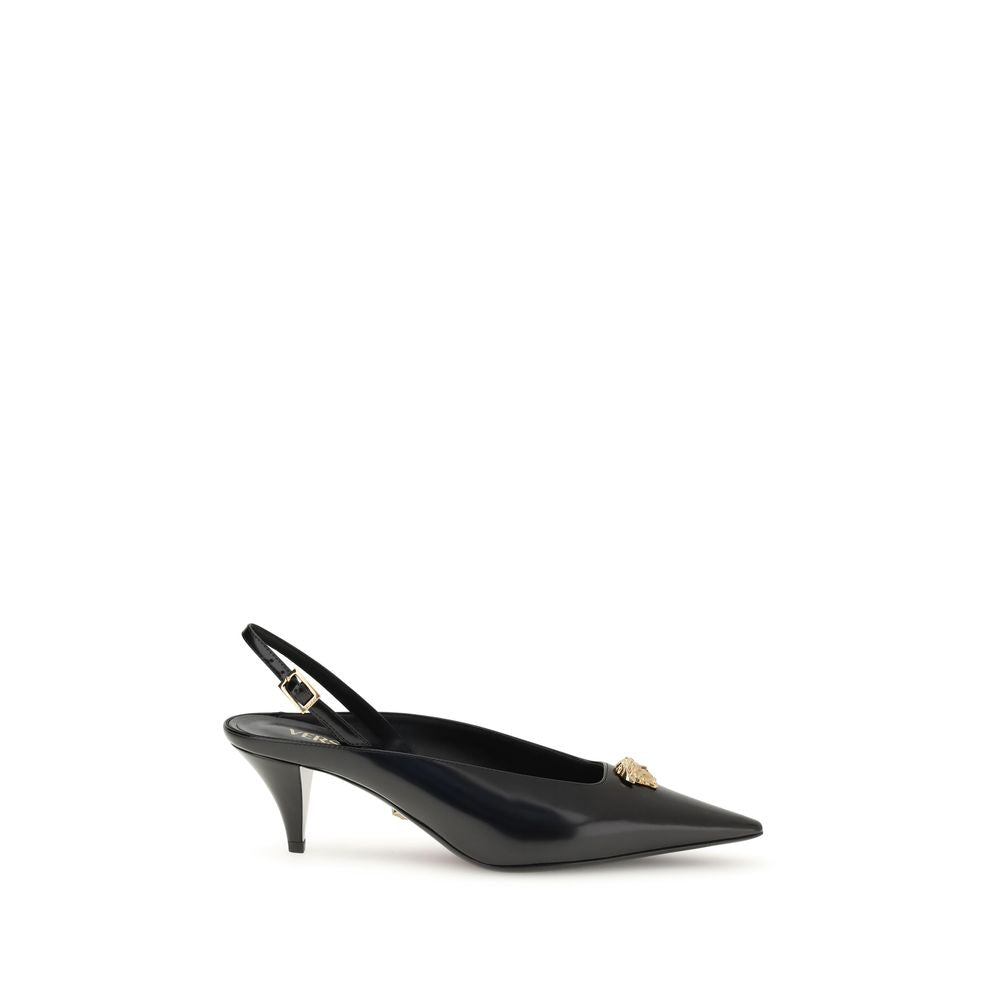 Black Leather Mid Heel PumpsVersace’s La Medusa slingback Pumps combine elegance and iconic identity in a refined design. Crafted from glossy calfskin, they feature a pointed silhouette and a low heel that makes them comfortable and versatile. The adjusta