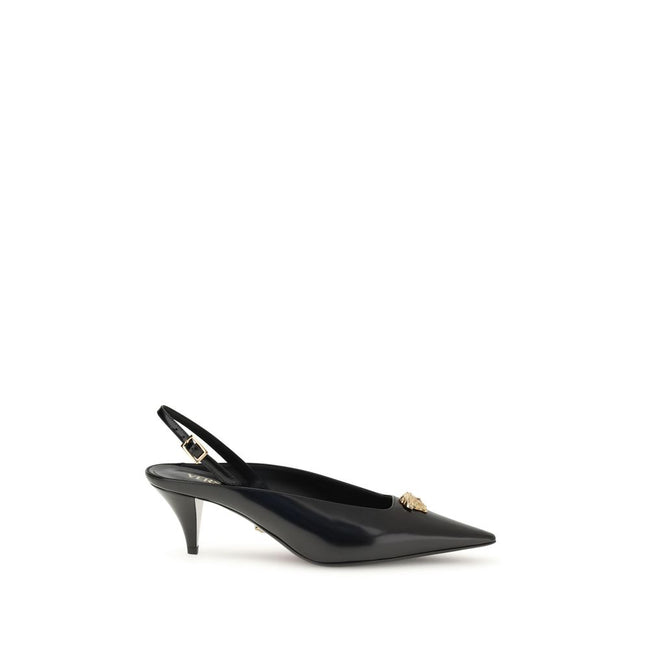 Black Leather Mid Heel PumpsVersace’s La Medusa slingback Pumps combine elegance and iconic identity in a refined design. Crafted from glossy calfskin, they feature a pointed silhouette and a low heel that makes them comfortable and versatile. The adjusta