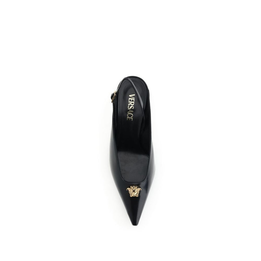 Black Leather Mid Heel PumpsVersace’s La Medusa slingback Pumps combine elegance and iconic identity in a refined design. Crafted from glossy calfskin, they feature a pointed silhouette and a low heel that makes them comfortable and versatile. The adjusta