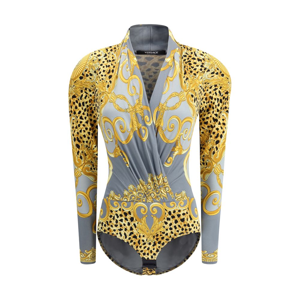Multicolor Viscose TopVersace’s leopard draped Bodysuit is a bold and sensual garment made of soft jersey with Cheetah Foulard print and Barocco motifs. Featuring long sleeves and a deep draped V-neckline, it has a hook-and-eye closure that ensures a flaw