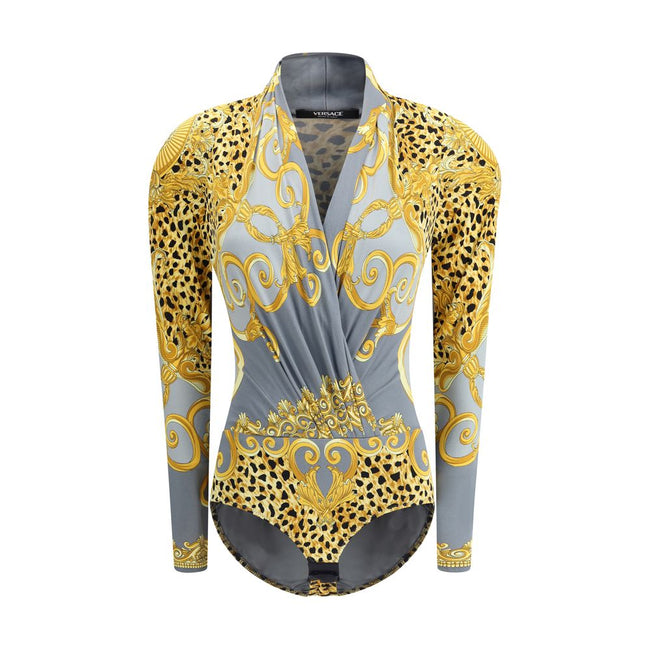 Multicolor Viscose TopVersace’s leopard draped Bodysuit is a bold and sensual garment made of soft jersey with Cheetah Foulard print and Barocco motifs. Featuring long sleeves and a deep draped V-neckline, it has a hook-and-eye closure that ensures a flaw