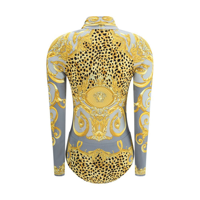 Multicolor Viscose TopVersace’s leopard draped Bodysuit is a bold and sensual garment made of soft jersey with Cheetah Foulard print and Barocco motifs. Featuring long sleeves and a deep draped V-neckline, it has a hook-and-eye closure that ensures a flaw
