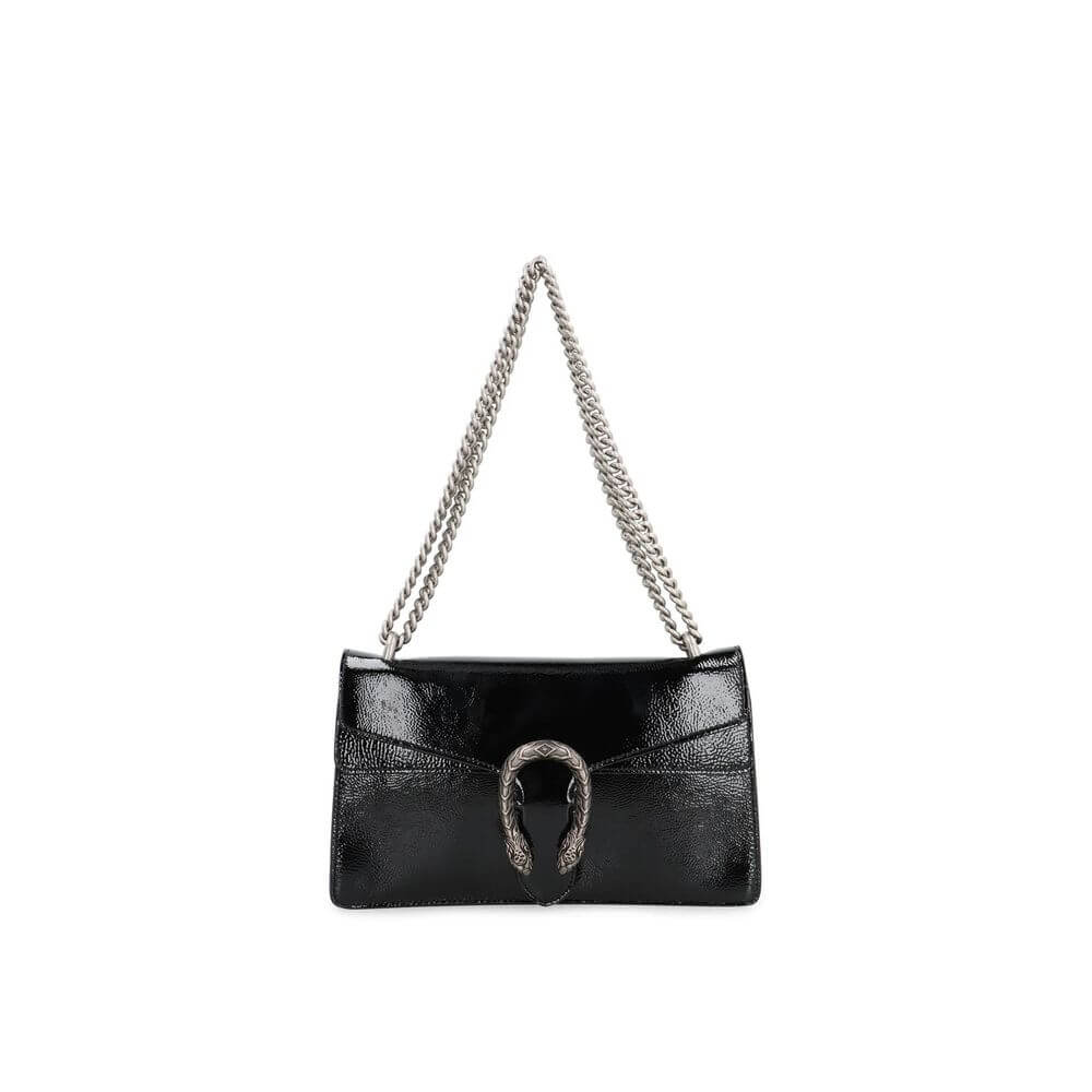 Black Calfskin Crossbody BagDescription: – Composition: 100% calf leather – Lining: Leather – Patent effect – Suede effect microfiber lining – Sliding chain strap – Antique silver-tone metal hardware – Flap with push-lock closure – Flap pocket under the f