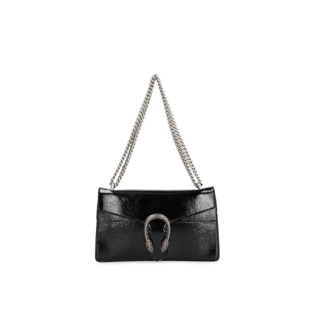 Black Calfskin Crossbody BagDescription: – Composition: 100% calf leather – Lining: Leather – Patent effect – Suede effect microfiber lining – Sliding chain strap – Antique silver-tone metal hardware – Flap with push-lock closure – Flap pocket under the f