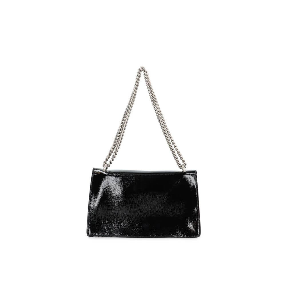 Black Calfskin Crossbody BagDescription: – Composition: 100% calf leather – Lining: Leather – Patent effect – Suede effect microfiber lining – Sliding chain strap – Antique silver-tone metal hardware – Flap with push-lock closure – Flap pocket under the f