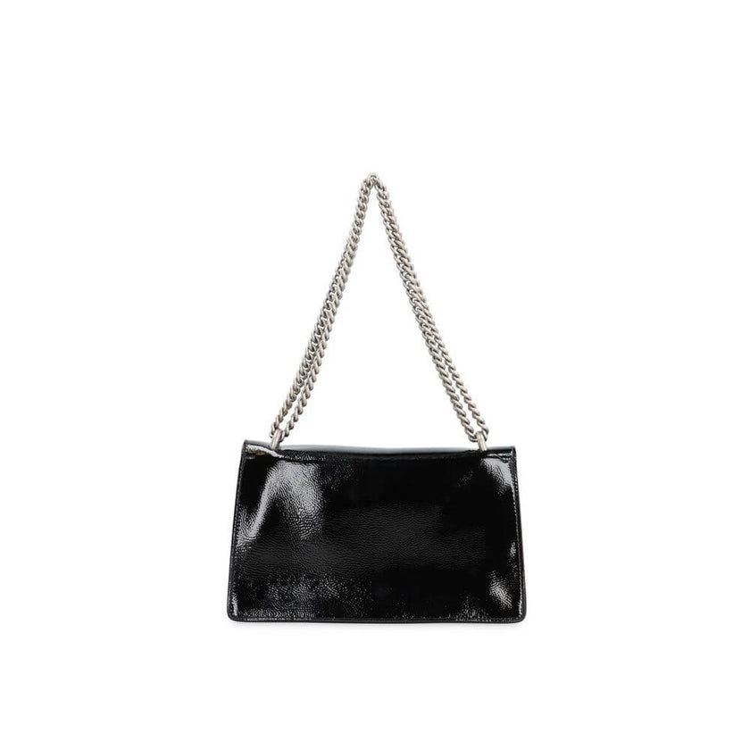 Black Calfskin Crossbody BagDescription: – Composition: 100% calf leather – Lining: Leather – Patent effect – Suede effect microfiber lining – Sliding chain strap – Antique silver-tone metal hardware – Flap with push-lock closure – Flap pocket under the f