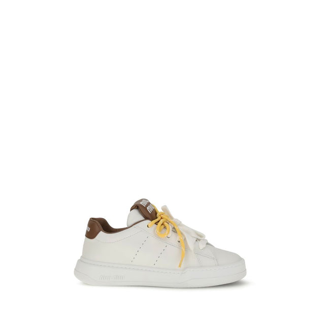White Rubber Low Top SneakersThe Miu Miu leather Sneakers you describe are a sophisticated and distinctive design. The two-tone double lace-up closure on the front lends a touch of originality, while the round toe ensures comfort and style. The iconic mon