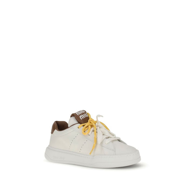 White Rubber Low Top SneakersThe Miu Miu leather Sneakers you describe are a sophisticated and distinctive design. The two-tone double lace-up closure on the front lends a touch of originality, while the round toe ensures comfort and style. The iconic mon