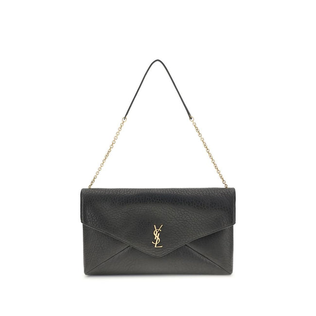 Black Lamb Ovis Aries Aries Shoulder BagThe Cassandre XXL Shoulder Bag with Chain by Saint Laurent is an extra-large clutch made of soft lambskin leather, embellished with the iconic metal Cassandre logo. Equipped with a stowable cable chain strap, it can