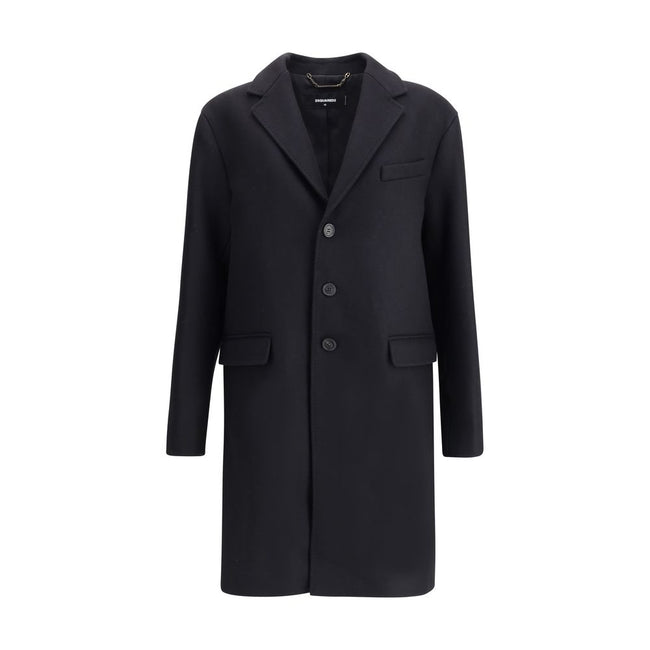 Black Wool CoatDsQuared2’s wool midi Coat is an elegant, structured garment made of felted wool for a warm, compact texture. The single-breasted design is complemented by a front button closure, side pockets and long sleeves. The interior is finished with