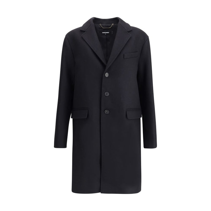 Black Wool CoatDsQuared2’s wool midi Coat is an elegant, structured garment made of felted wool for a warm, compact texture. The single-breasted design is complemented by a front button closure, side pockets and long sleeves. The interior is finished with