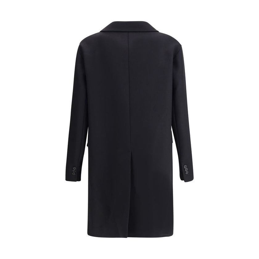Black Wool CoatDsQuared2’s wool midi Coat is an elegant, structured garment made of felted wool for a warm, compact texture. The single-breasted design is complemented by a front button closure, side pockets and long sleeves. The interior is finished with