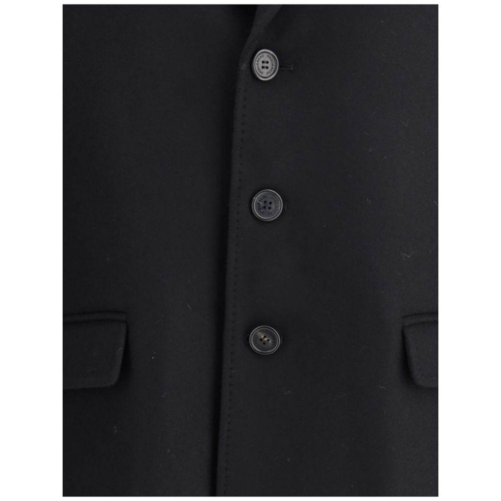 Black Wool CoatDsQuared2’s wool midi Coat is an elegant, structured garment made of felted wool for a warm, compact texture. The single-breasted design is complemented by a front button closure, side pockets and long sleeves. The interior is finished with
