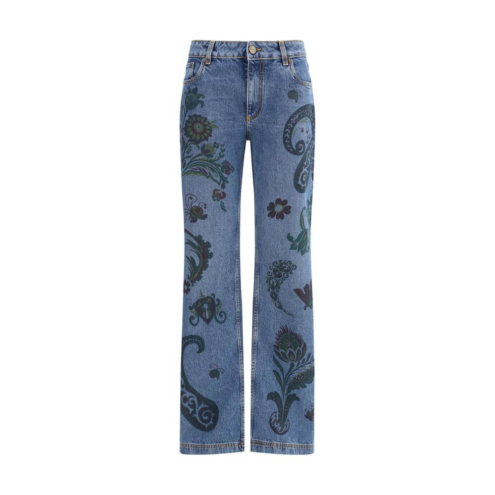 Blue Cotton Flared JeansEtro’s flower and bee print flare Jeans are a feminine, natural-spirited garment made from cotton denim. They feature a fitted line at the hips that opens into a flared bottom, enhanced by a print inspired by the natural world, wit