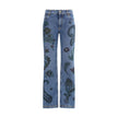 Blue Cotton Flared JeansEtro’s flower and bee print flare Jeans are a feminine, natural-spirited garment made from cotton denim. They feature a fitted line at the hips that opens into a flared bottom, enhanced by a print inspired by the natural world, wit