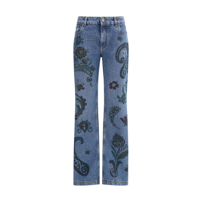 Blue Cotton Flared JeansEtro’s flower and bee print flare Jeans are a feminine, natural-spirited garment made from cotton denim. They feature a fitted line at the hips that opens into a flared bottom, enhanced by a print inspired by the natural world, wit