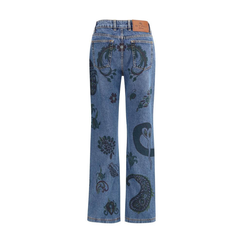 Blue Cotton Flared JeansEtro’s flower and bee print flare Jeans are a feminine, natural-spirited garment made from cotton denim. They feature a fitted line at the hips that opens into a flared bottom, enhanced by a print inspired by the natural world, wit