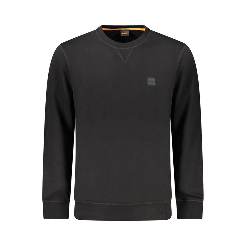 Black Cotton Men SweaterStep into the world of high-end style with this sleek Hugo Boss long sleeve sweatshirt. Designed for the fashion-forward individual, this piece makes a bold statement with its intricate embroidery and prominent logo application. Cr