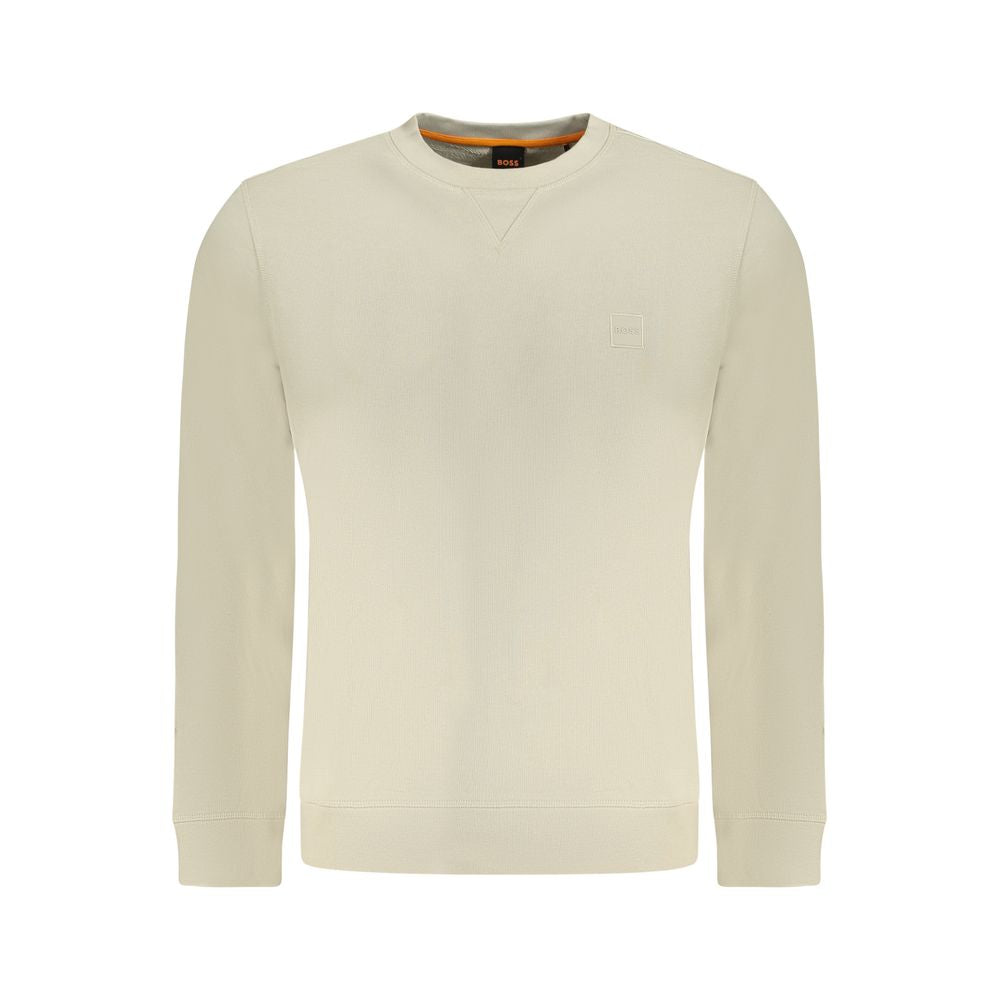 Beige Cotton Men SweaterElevate your wardrobe with the Hugo Boss long sleeve sweatshirt, a perfect blend of comfort and style. Crafted from sumptuously soft brushed cotton and adorned with intricate embroidery and a signature logo application, this beige