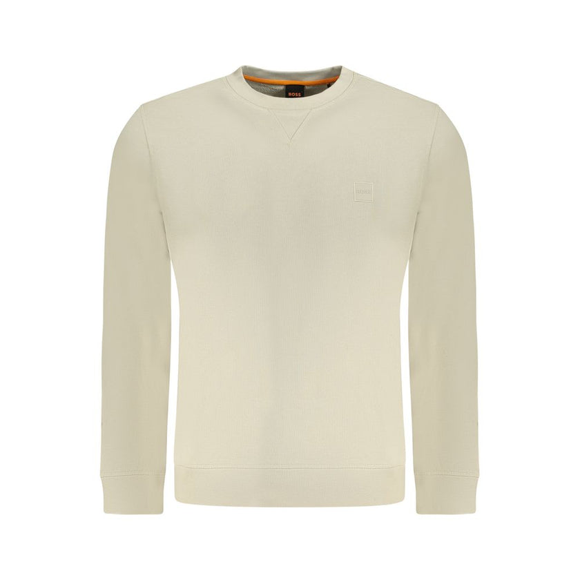 Beige Cotton Men SweaterElevate your wardrobe with the Hugo Boss long sleeve sweatshirt, a perfect blend of comfort and style. Crafted from sumptuously soft brushed cotton and adorned with intricate embroidery and a signature logo application, this beige