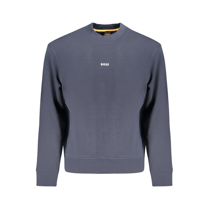 Blue Cotton Men SweaterElevate your off-duty look with this Hugo Boss long-sleeved sweatshirt, a perfect blend of comfort and designer flair. Boasting a soft brushed interior for those cooler days, it features a crisp crew neck and is adorned with a stand