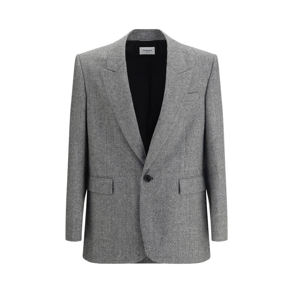 Gray Wool ClothingSaint Laurent’s Prince de Galles wool flannel Blazer is a sophisticated piece with a tailored cut. Made with silk lining, it features a single-breasted, one-button silhouette with two welt flap pockets, a breast pocket and two profiled i