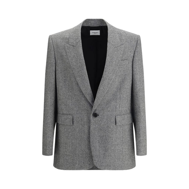 Gray Wool ClothingSaint Laurent’s Prince de Galles wool flannel Blazer is a sophisticated piece with a tailored cut. Made with silk lining, it features a single-breasted, one-button silhouette with two welt flap pockets, a breast pocket and two profiled i