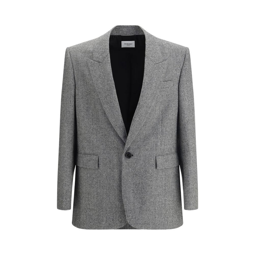 Gray Wool ClothingSaint Laurent’s Prince de Galles wool flannel Blazer is a sophisticated piece with a tailored cut. Made with silk lining, it features a single-breasted, one-button silhouette with two welt flap pockets, a breast pocket and two profiled i