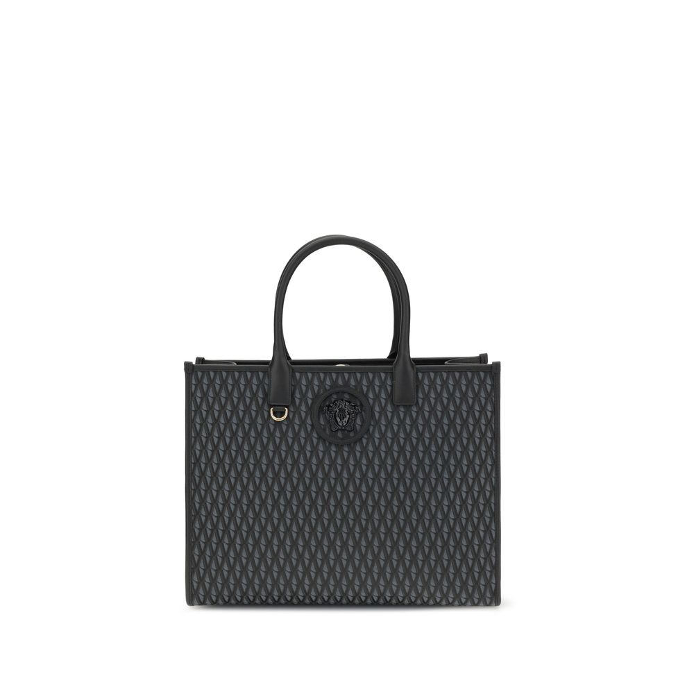 Black Cotton HandbagThe La Medusa Tote Bag by Versace is an iconic accessory with a strong character. Made with an Allover V pattern, it is embellished with the unmistakable La Medusa accessory on the front. Equipped with double handles for versatile port