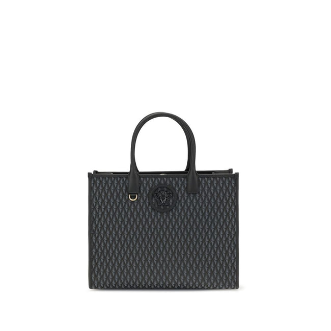 Black Cotton HandbagThe La Medusa Tote Bag by Versace is an iconic accessory with a strong character. Made with an Allover V pattern, it is embellished with the unmistakable La Medusa accessory on the front. Equipped with double handles for versatile port