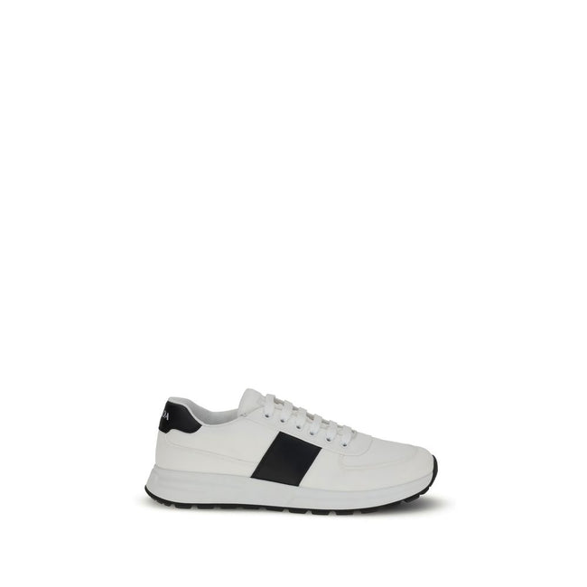 White Calf Leather Bos Taurus Low Top SneakersPrada’s leather Sneakers feature a two-tone design that combines elegance and contemporary style. Featuring a lace-up closure and reinforced toe for added durability, they are complemented by the logo on the b