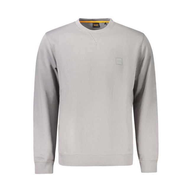 Gray Cotton Men SweaterElevate your wardrobe with the epitome of sleek sophistication in this Hugo Boss long-sleeved sweatshirt. Crafted from premium cotton for supreme comfort, its brushed interior offers an extra touch of coziness. The crew neck design