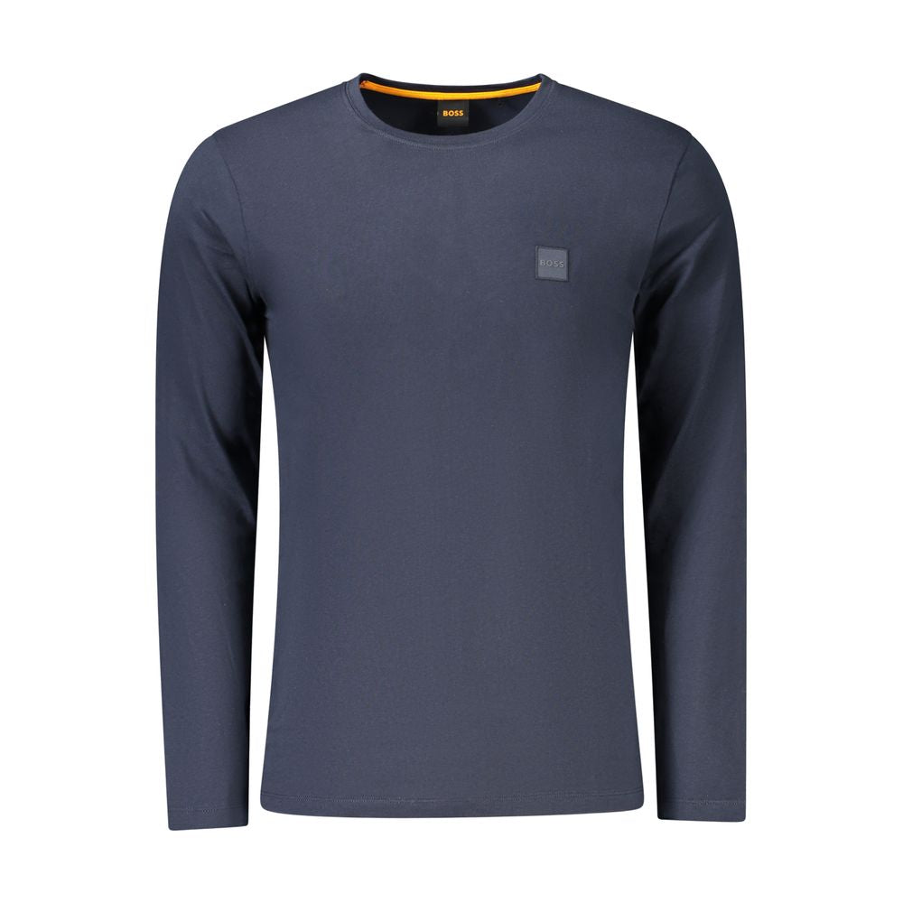 Blue Cotton Men T-ShirtElevate your wardrobe with the timeless sophistication of a Hugo Boss long-sleeved t-shirt. Embellished with the iconic logo embroidery, this crew neck tee embodies casual elegance with a dash of boldness. Perfectly crafted from the