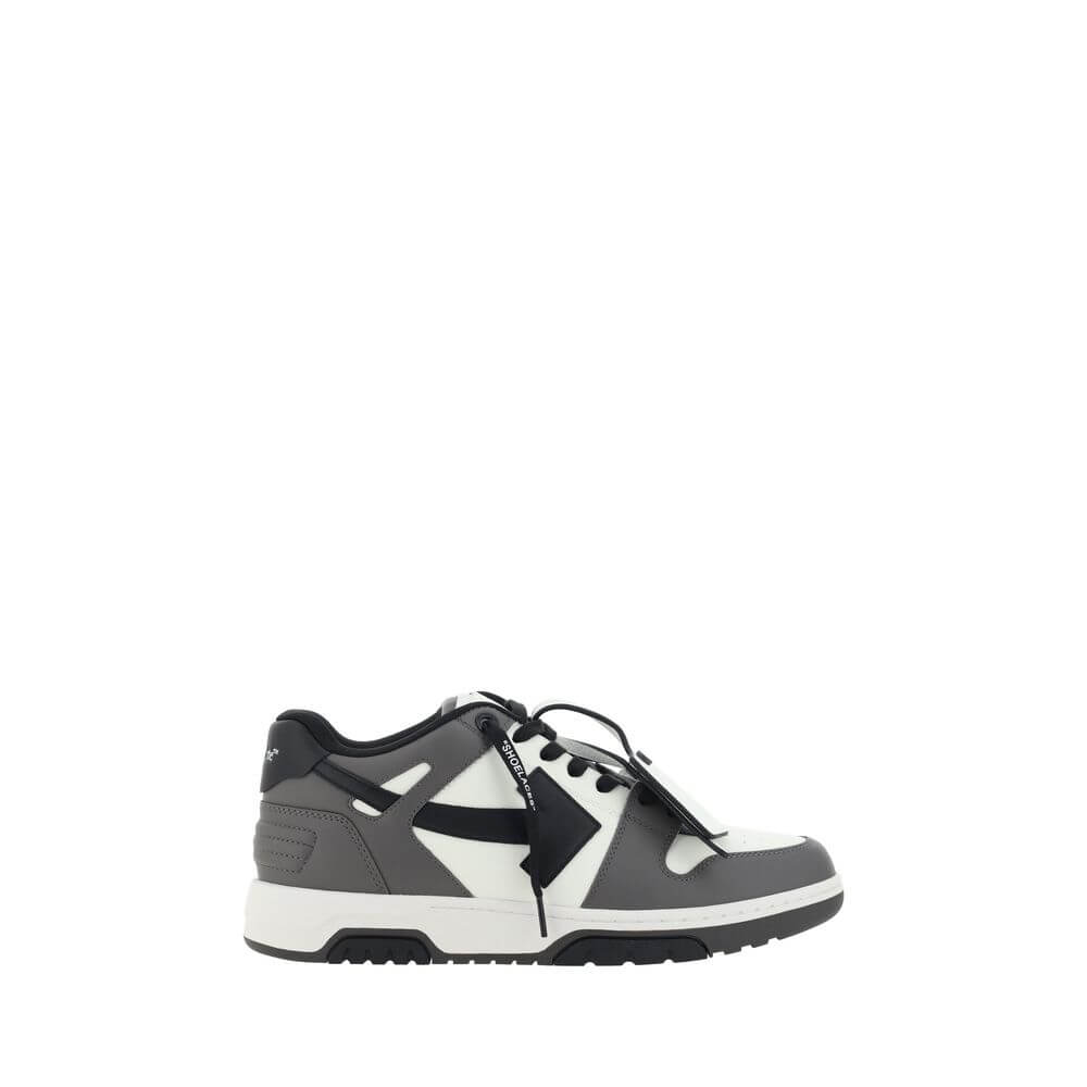 Gray Calf Leather Bos Taurus Low Top SneakersOut of Office Sneakers by Off-White feature a perforated round toe that offers breathability and comfort. The flat sole provides stability, while the iconic embossed Arrow logo on the side panel adds a distinct