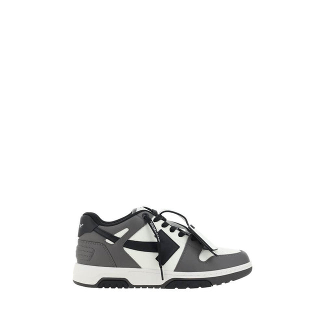 Gray Calf Leather Bos Taurus Low Top SneakersOut of Office Sneakers by Off-White feature a perforated round toe that offers breathability and comfort. The flat sole provides stability, while the iconic embossed Arrow logo on the side panel adds a distinct