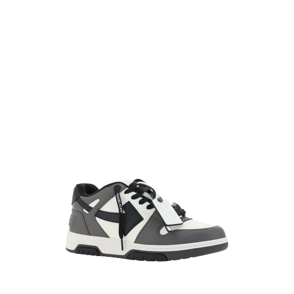 Gray Calf Leather Bos Taurus Low Top SneakersOut of Office Sneakers by Off-White feature a perforated round toe that offers breathability and comfort. The flat sole provides stability, while the iconic embossed Arrow logo on the side panel adds a distinct