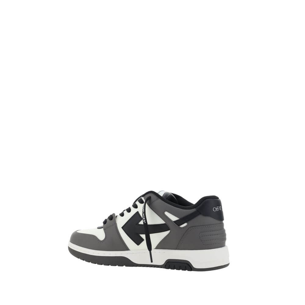 Gray Calf Leather Bos Taurus Low Top SneakersOut of Office Sneakers by Off-White feature a perforated round toe that offers breathability and comfort. The flat sole provides stability, while the iconic embossed Arrow logo on the side panel adds a distinct