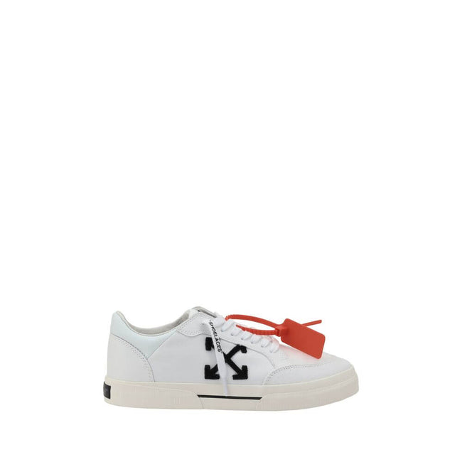 White Rubber Low Top SneakersCotton New Low Vulcanized Sneakers by Off-White feature a lace-up front closure and a round toe. The side panels are decorated with the brand’s iconic Arrow logo, while the flat sole ensures comfort. A distinctive detail is th