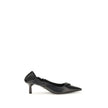 Black Calf Leather Bos Taurus High Heel PumpsPrada’s logo Pumps are made of leather and feature a soft, tapered silhouette. The pointed toe model features a deconstructed design, enhanced by an elastic back that ensures comfort and fit. The architectural
