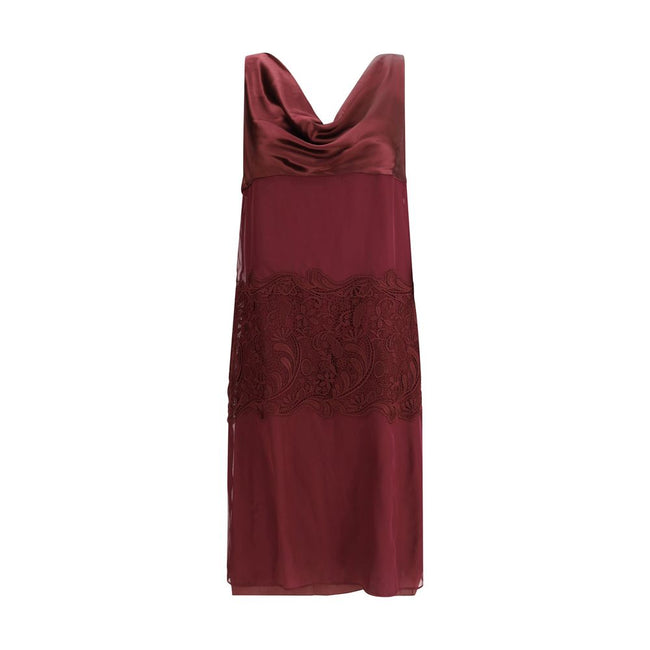 Bordeaux Silk Cocktail DressFerragamo’s Draped Dress is a refined contemporary reinterpretation of 1920s elegance. Made of a blend of silk chiffon, satin, and embroidery, it is distinguished by wide bands that wrap the silhouette harmoniously. The draped