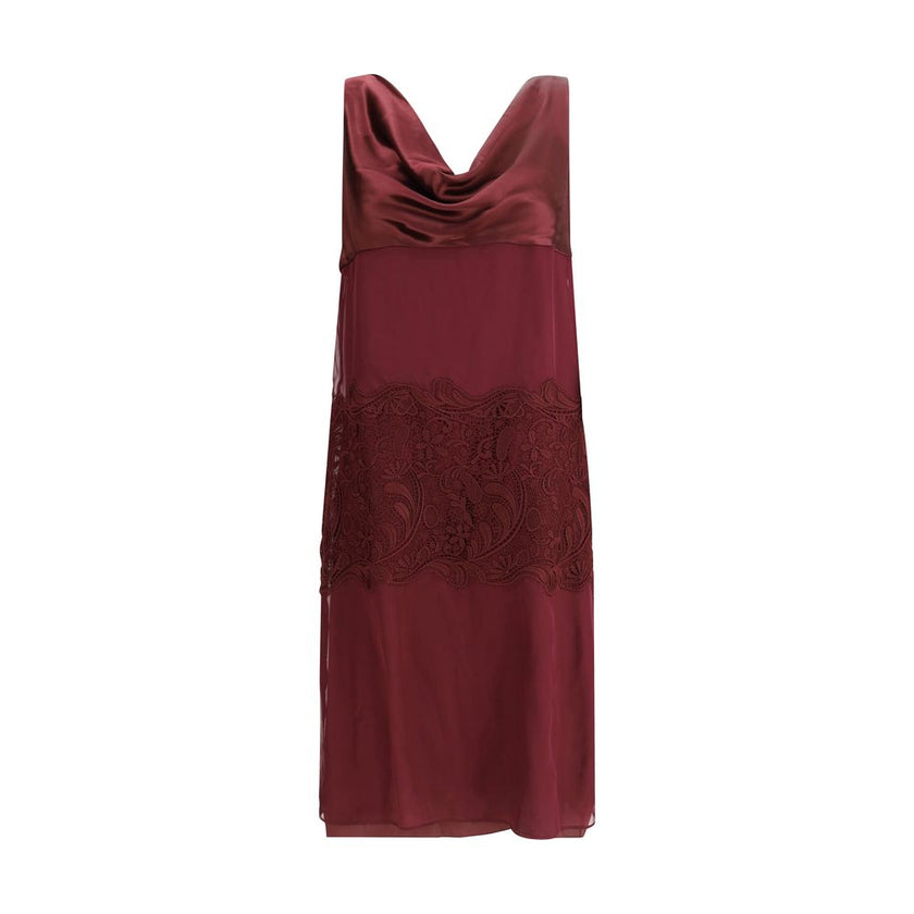 Bordeaux Silk Cocktail DressFerragamo’s Draped Dress is a refined contemporary reinterpretation of 1920s elegance. Made of a blend of silk chiffon, satin, and embroidery, it is distinguished by wide bands that wrap the silhouette harmoniously. The draped